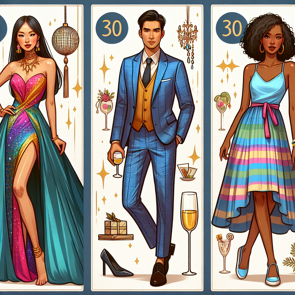 Design an image concept featuring three distinct styles of party attires appropriate for a 30th birthday bash. Firstly, depict an Asian woman in a vibrant and colorful evening gown paired with elegant statement earrings. Secondly, showcase a Hispanic man in a well-tailored blue suit matched with classy leather shoes. Lastly, visualize a black woman presenting a chic casual look with a trendy summer dress, paired with stylish flats and a cute clutch bag. Capture the joy and excitement of celebrating a milestone birthday.