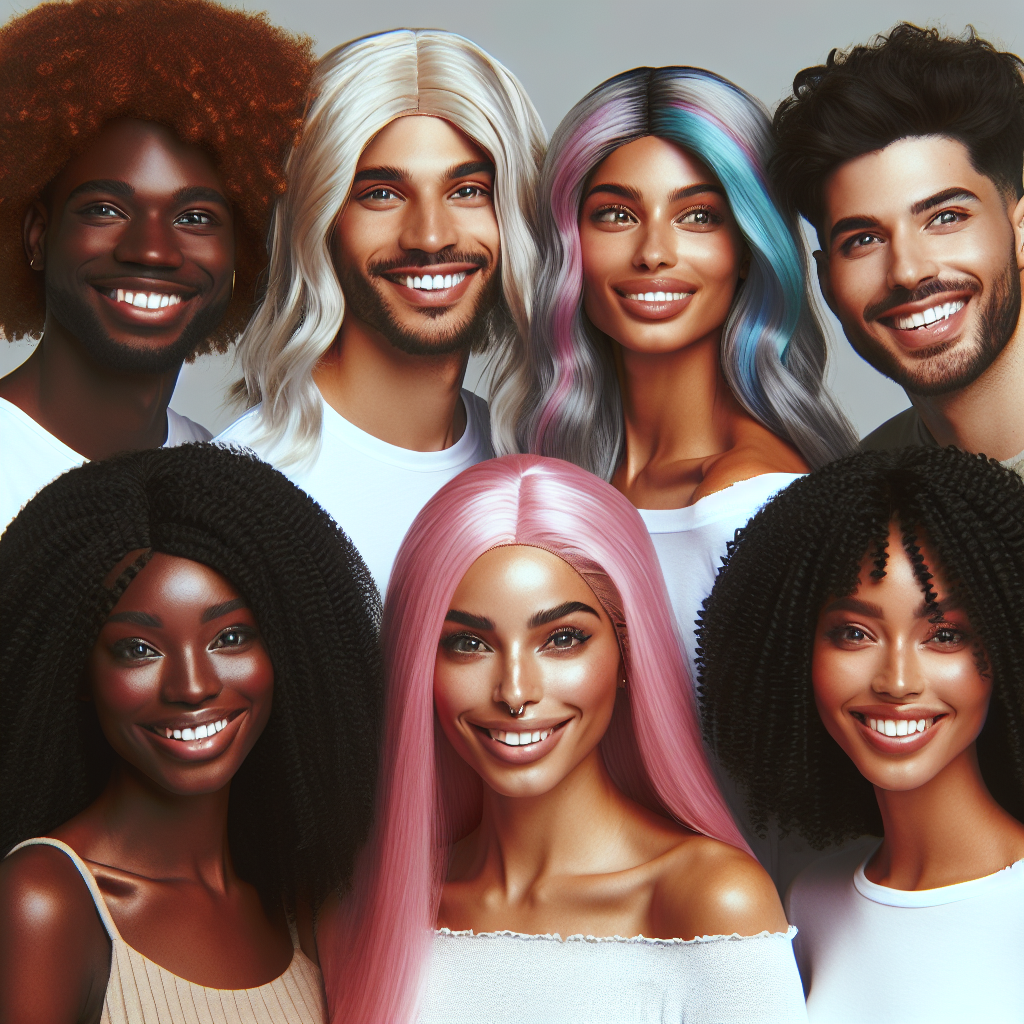 A diverse group of six individuals, each of different descents including Black, White, Hispanic, Middle-Eastern, South Asian, and Caucasian. They are all happily showcasing their wig caps, which come in a variety of radiant colors and styles. Each person's wig cap is stylishly crafted, displaying textures ranging from sleek straight to voluminous curls. The wigs are well fitted on their heads, indicating comfortable and effortless style. They stand against a minimalist background, with each individual's vibrant wig cap as the centerpiece, illustrating the best choices for effortless style.