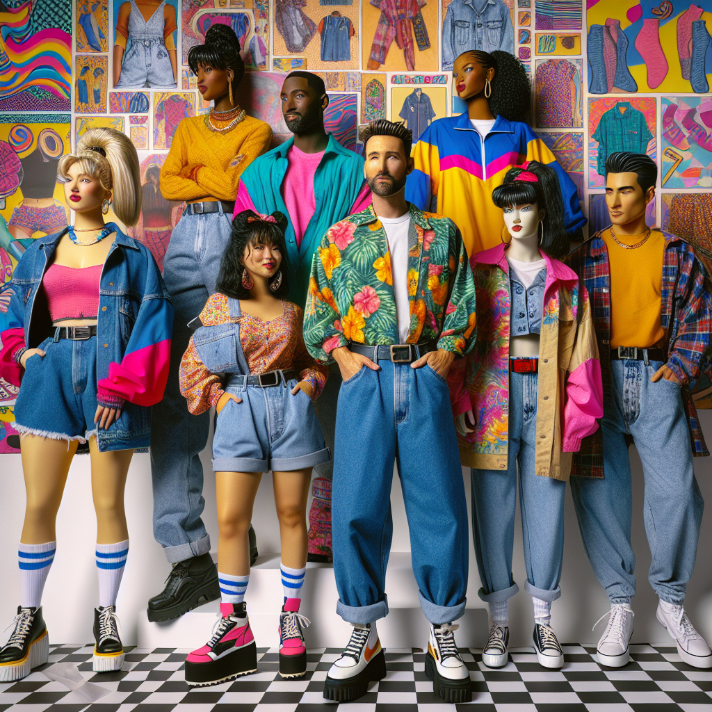 A vibrant and nostalgic 90's fashion guide display with a variety of clothing and accessories from the era. Visualize high-waisted jeans worn by a non-binary Hispanic individual, and a Hawaiian shirt styled by a Caucasian man. An African-American woman wears a scrunchie and a brightly colored windbreaker. South Asian woman sports platform shoes and a denim jacket. Middle-Eastern man is seen in a flannel shirt and baggy pants. The arrangement is set against a backdrop of iconic 90's patterns and colors, capturing the essence of the decade's unique style.