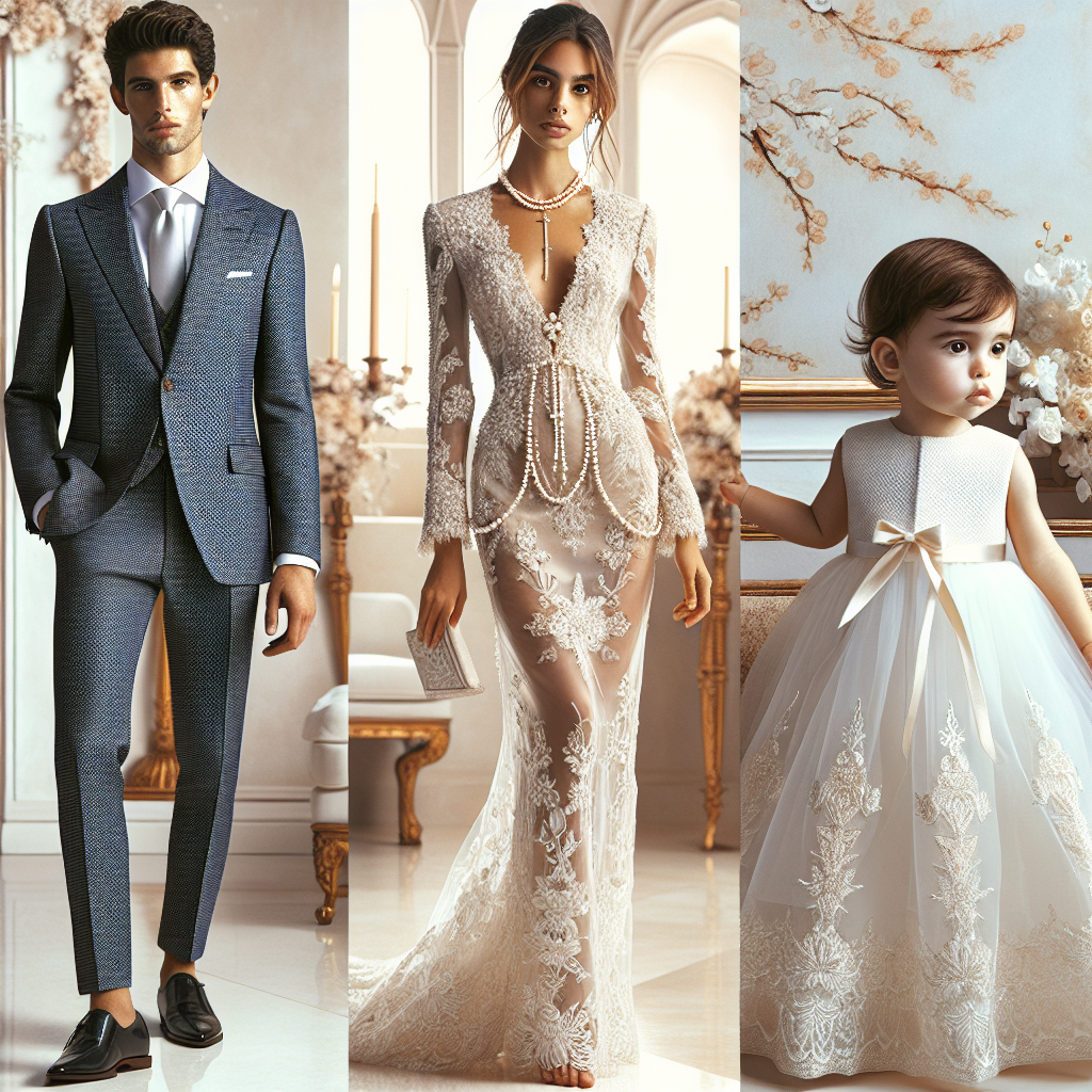 A fashion showcase representing an array of stunning baptism attire exuding effortless elegance. Envision a Middle-Eastern woman wearing an exquisite ivory silk lace dress adorned with seed pearls, and a South Asian man dressed in a stylish navy blue suit paired with a subtly patterned tie. Also, include a Caucasian toddler in a delicate, traditional white baptism gown made of satin and embroidered lace. Accentuate the setting with soft pastel-colored decorations, elegant church interior and warm lighting to heighten the sense of a special occasion.