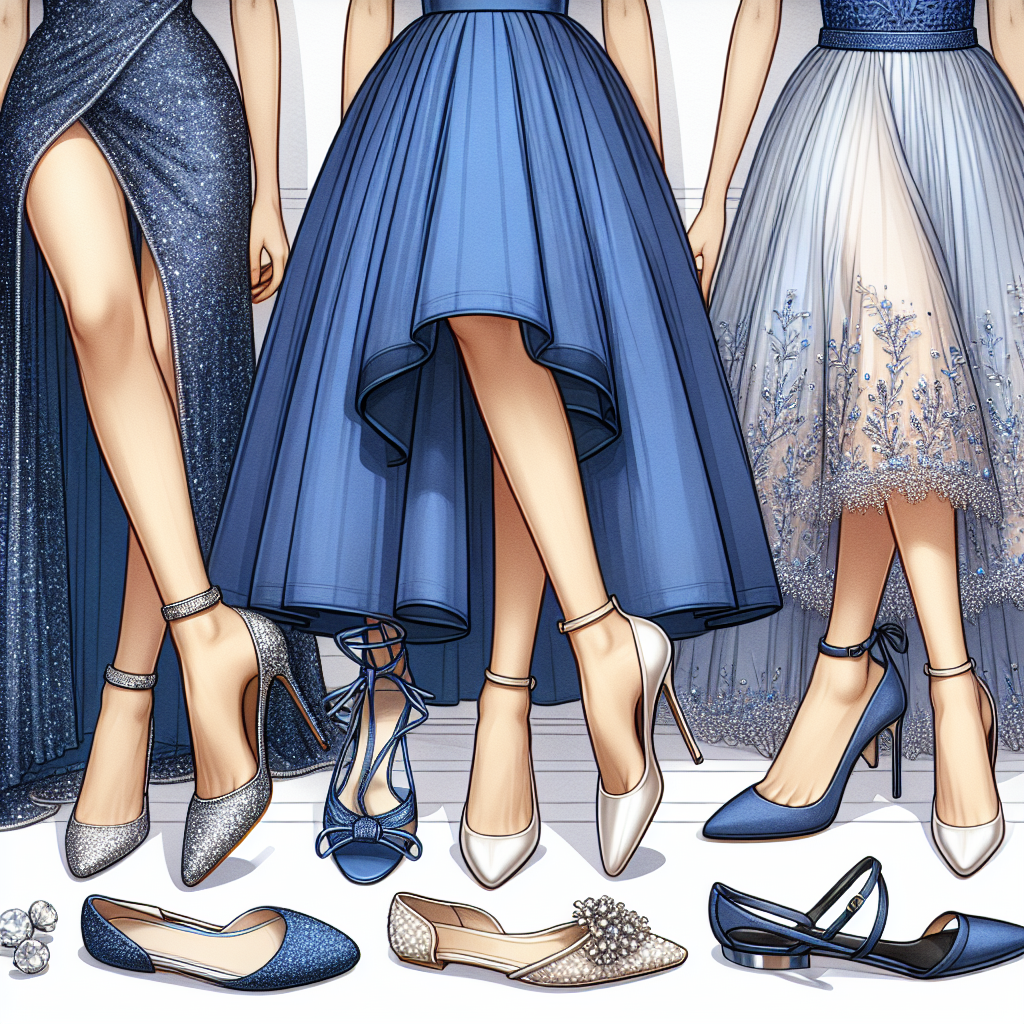 Stunning Outfits: Best Shoes for Royal Blue Dresses A fashion scenario focusing on footwear matching with royal blue dresses. Showcase three different types of shoes: glittery silver stilettos, elegant pearl white ballerina flats, and classic black ankle strap sandals. Each shoe needs to be paired with a distinct royal blue dress, reflecting various styles such as an elegant evening gown, a chic cocktail dress, and a trendy midi dress. The dresses should not distract from the shoes but rather enhance their appeal. Highlight the color combination and how it suits different occasions.