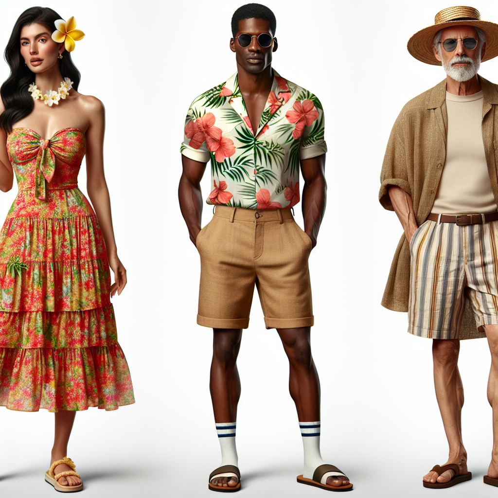 Visualize an ensemble of three individuals showcasing stunning Hawaiian party outfits. The first one is a Hispanic woman in a vibrant, flowery sundress, accessorized with a flower garland necklace, and a flower tucked behind her ear. The second individual is a Black man sporting a tropical print shirt, khaki shorts showing off a pair of flip-flops. The third one is a Middle-Eastern senior man, donning a relaxed linen shirt paired with printed Bermuda shorts, straw hat, and sunglasses. Each outfit embodies an effortlessly chic choice for a Hawaiian party.
