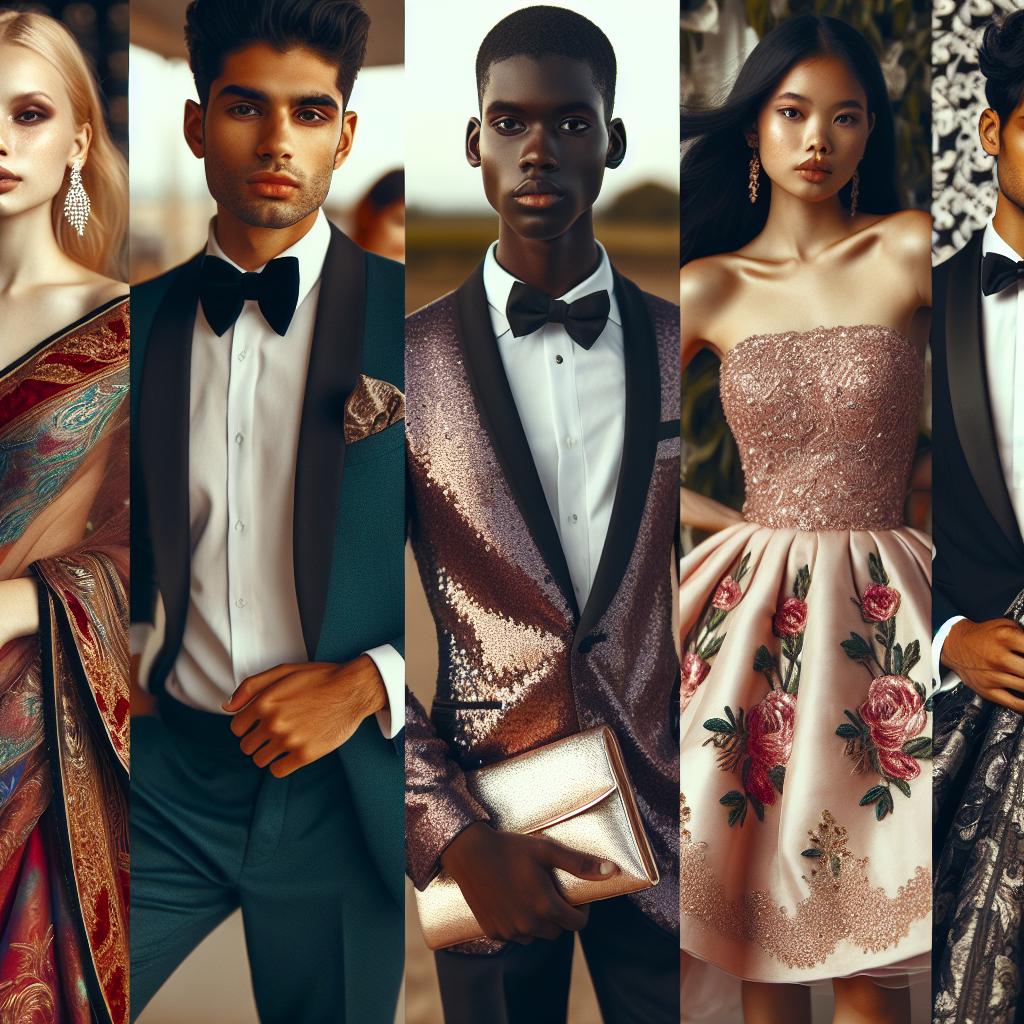 Must-Have Outfits for Quinceanera Guests: Effortless Elegance An image showcasing diverse guests at a Quinceanera, each wearing their must-have outfits. A South Asian woman gracefully carries an elegant sari in rich jewel tones. An African American male guest elegantly dressed in a tailored, dark suit. A white woman showcases a sequin decorated cocktail dress paired with a chic clutch. A Middle-Eastern man dons a debonair tuxedo complemented with a bow tie. A Hispanic woman beautifully adorned in a floral embroidered A-line dress. All people exuding an aura of effortless elegance in their attire, embodying the joyful spirit of the celebration.