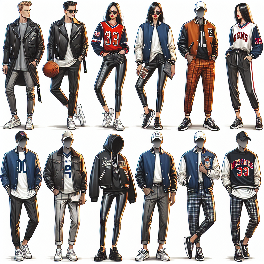 Stunning VIP Game Day Outfits: Effortless Comfort Creating an image of a variety of fashionable game day outfits, focusing on achieving the perfect balance between style and comfort. Think of these as VIP box attire at a sporting event. Imagine a Caucasian man in a sleek moto jacket layered over a team’s jersey, paired with dark denim and trendy sneakers. Picture an Asian woman sporting a varsity jacket with leggings and ankle boots. Visualise a Black woman wearing a chic sweat suit with coordinating team colors and a pair of statement sneakers. Lastly, imagine a Hispanic man in a laid-back style featuring a team cap, casual shirt, jeans and loafers.