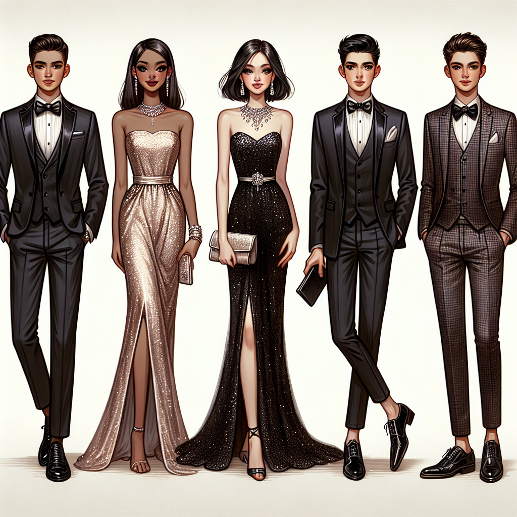 Formal Night Fashion: Exclusive Tips for Stunning Styles Display different formal night fashion styles. Depict a series of characters ready for a classy evening event. The first is a Middle-Eastern male in a sharp tuxedo with a bow tie, leather shoes, and cufflinks. Next to him is a Caucasian female wearing a dazzling sparkling evening gown with matching high heels. Then, feature a Black female donning a chic jumpsuit paired with a statement necklace and clutch. Lastly, depict a South Asian male sporting a tailored three-piece suit with a sleek tie, pocket square, and polished oxford shoes. Ensure each style is sophisticated and unique, capturing the elegance of formal night attire.