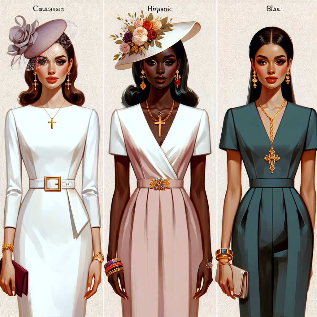 Must-Have Outfits for Female Guests at Confirmations An exquisite display of must-have outfits for female guests attending confirmations. Feature three models, each of different descent: one Caucasian, one Hispanic, and one Black. The Caucasian woman should be in a sophisticated knee-length pastel dress with matching fascinator. The Hispanic woman should be wearing a tasteful white pantsuit with a colorful statement necklace. Lastly, the Black woman should be adorned in an elegant jumpsuit in a rich jewel tone, accessorized with gold bangles and ear studs. Each outfit should respectfully blend style and decorum, suitable for a religious event.