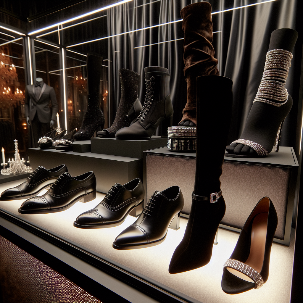 Imagine a display of stunning shoe options suitable for black tie events. At the front, a pair of polished black oxford shoes for a Hispanic man, next to an elegant shin-length high-heeled black velvet boot for a Middle Eastern woman. A bit further, a strappy black high-heeled sandal for a South Asian woman adjacent to a classic black velvet loafer for a White man. Lastly, diamond-adorned black stilettos for a Black woman and sleek black leather boots for a Caucasian man. All displayed on an illuminated glass shelf, close enough to reveal intricate details on a black satin backdrop.
