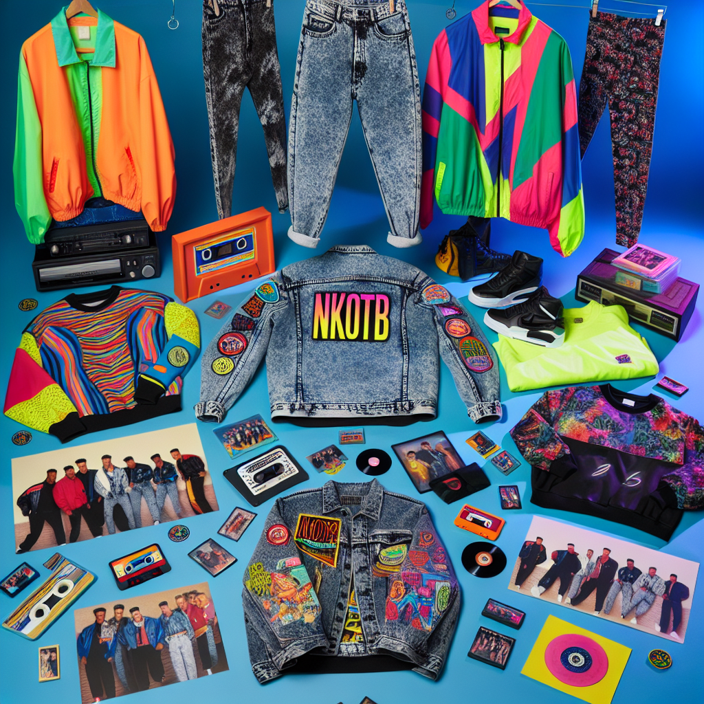 A vibrant and nostalgic array of 90's inspired outfits placed neatly on display. In the center, a denim jacket adorned with colorful patches with the letters 'NKOTB'. On the right, a pair of high-waisted acid-washed jeans, coupled with a neon-colored print t-shirt. On the left, a brightly colored windbreaker, paired with black printed leggings and high-top sneakers. A group of images of vinyl records and cassette tapes of popular 90's songs are scattered artistically across the scene. A feeling of enthusiastic anticipation and love for the 90's boy band vibe can be felt from the image.
