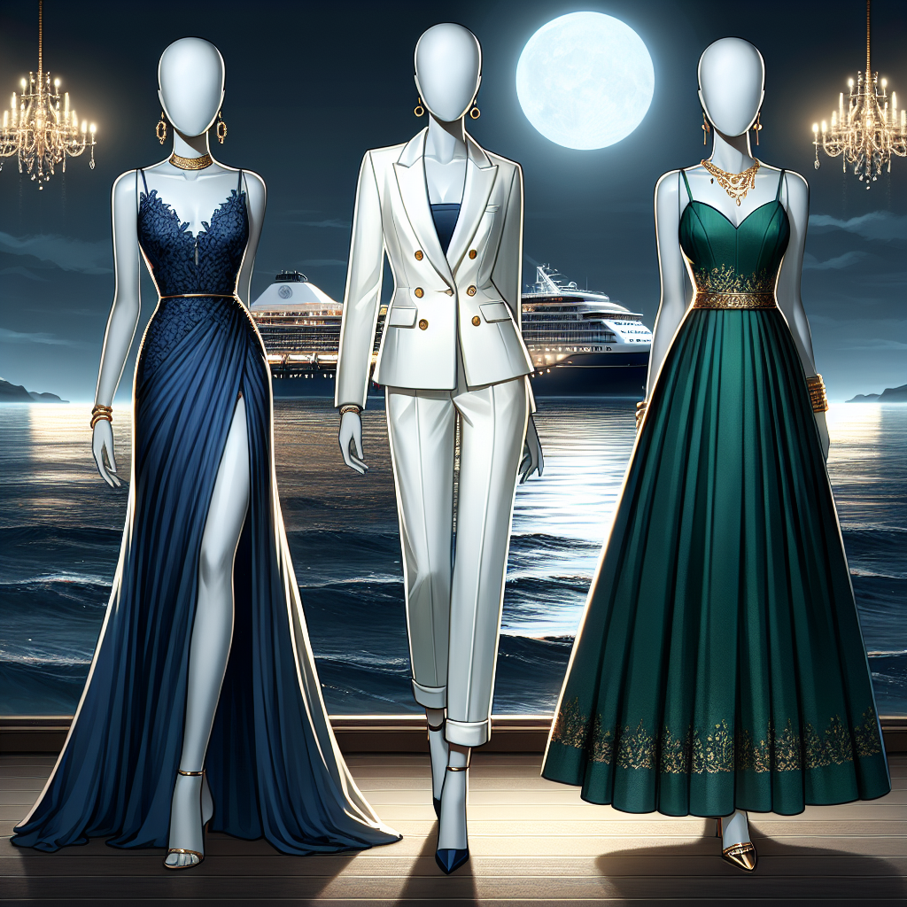 Visualize an image showing a collection of three elegant dinner cruise outfits on mannequins. The first outfit is a floor-length evening gown in royal blue, the second outfit is a chic, white pantsuit, while the third outfit is an emerald-green cocktail dress with gold accessories. The background has a hint of the calm sea under the moonlight. Add a silhouette of a luxury cruise ship at a distance. The outfits should represent different ethnicities -- dress one is on a Caucasian mannequin, the pantsuit on a Hispanic mannequin, and the cocktail dress on a South Asian mannequin.