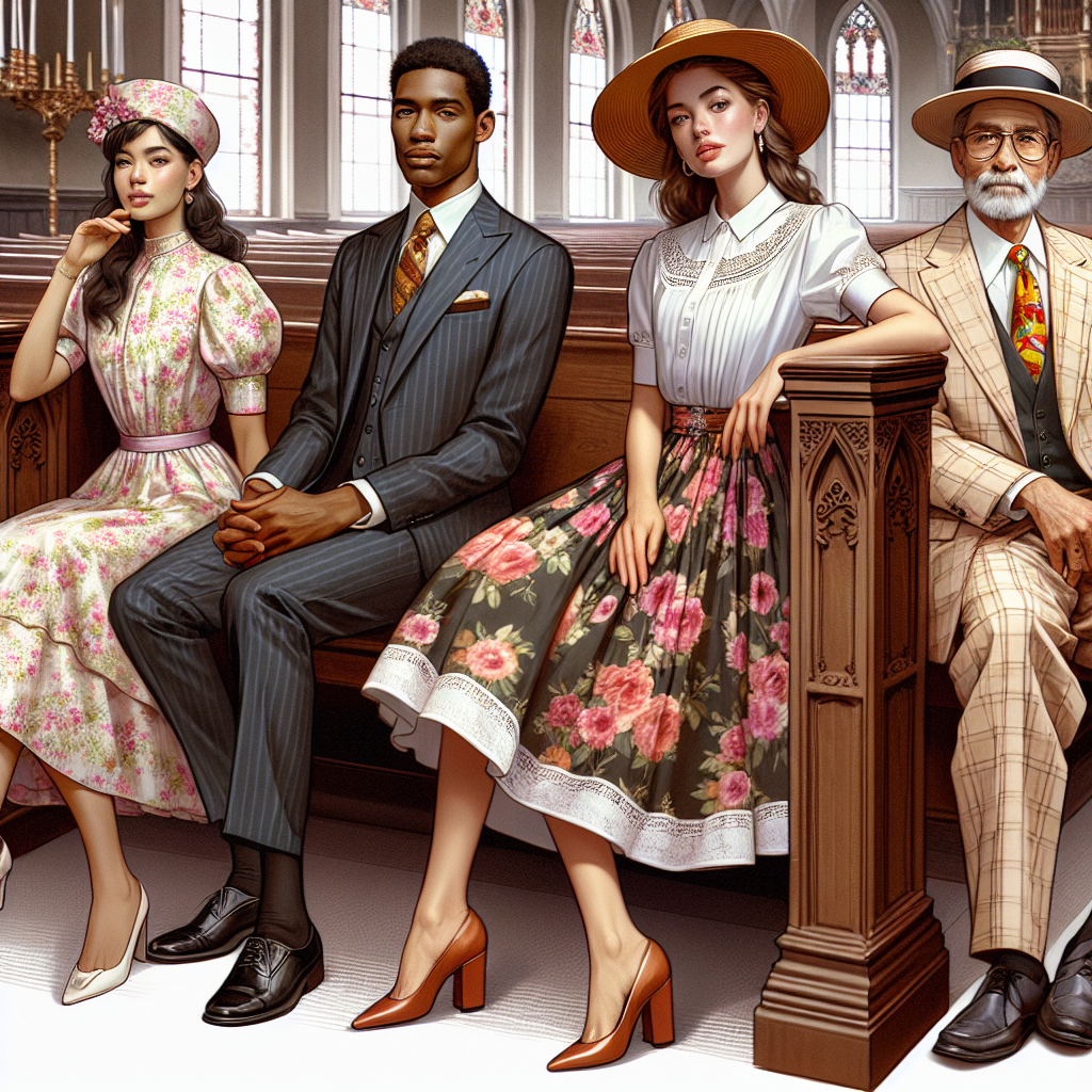 Stunning Attire for Pentecostal Services: Dress Best A collection of stunning attire suitable for Pentecostal services. Dress best with an elegant young Caucasian woman donning a floral dress and hat, sitting gracefully on a wooden pew. A middle-aged Black man in a classy suit and tie stands beside the pew, his hat held in his hand. A young Hispanic woman gracefully wears a vibrant skirt and button-down blouse, her hair neatly tied back. Finally, a South Asian elderly man styles a traditional, clean-cut suit with a bright colored tie. The scene is elegantly set within an ornately decorated church.