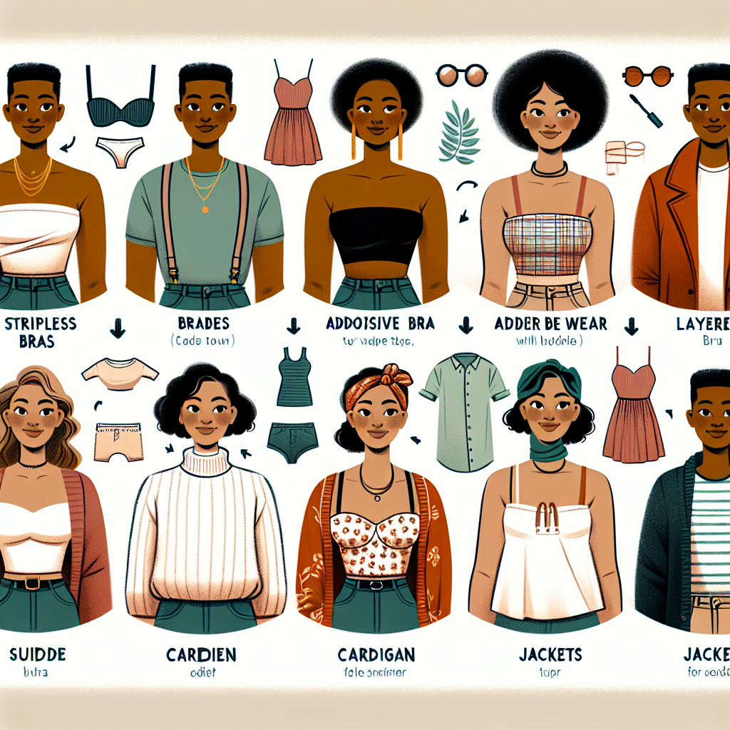 Create an image of a fashion infographic focusing on multiple ideas of what to wear under a tube top. It should illustrate different casual and elegant outfits suitable for various occasions. Convey options such as strapless bras, adhesive bras, layered outfits with cardigans, and jackets for colder weather. The models should be diverse in gender and descent for inclusivity. Include a Caucasian female, a Black male, a South Asian female, and a Hispanic male. Each model should be seen wearing an outfit that complements the tube top. Add small, written indications that describe each outfit's style and appropriateness for different situations.