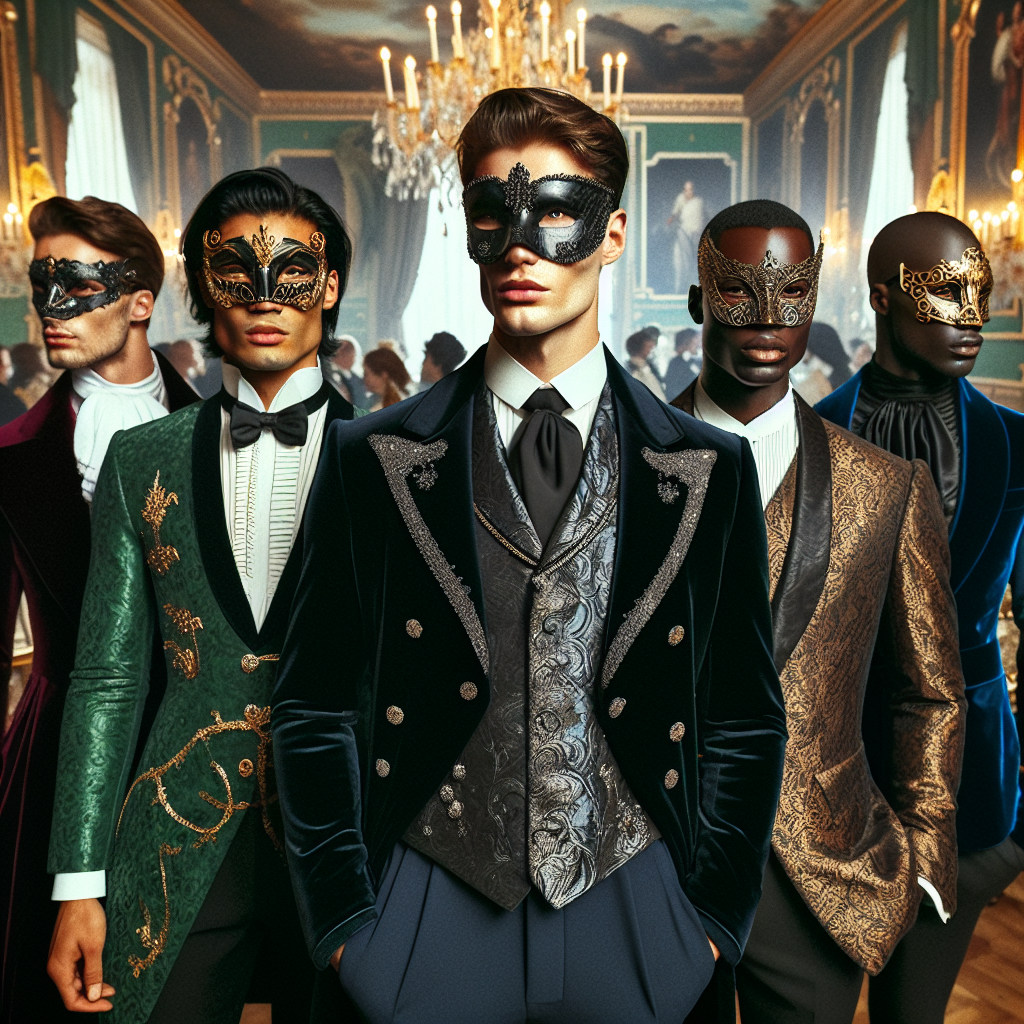 Masquerade Elegance: Stunning Men's Outfit Guide Picture an extravagant masquerade ball in an opulent 19th-century ballroom. The room is filled with people of diverse descents, like Caucasian, Hispanic, Black, Middle-Eastern, and South Asian, all cloaked in mystery and luxury. Center the image on four stylish men in lavish masquerade outfits that embody elegance and sophistication. One of them, an Asian man, is clad in a sleek black velvet tailcoat with intricate silver embroidery. A Hispanic man shines in an emerald green frock coat with gold detailing. A Caucasian man sports a deep burgundy waistcoat paired with a black cape. An African man graces in an indigo blue tailored suit with gold trimmings. Each of them wears a beautifully detailed mask, reflecting their unique style and the theme of the guide: 'Masquerade Elegance'.
