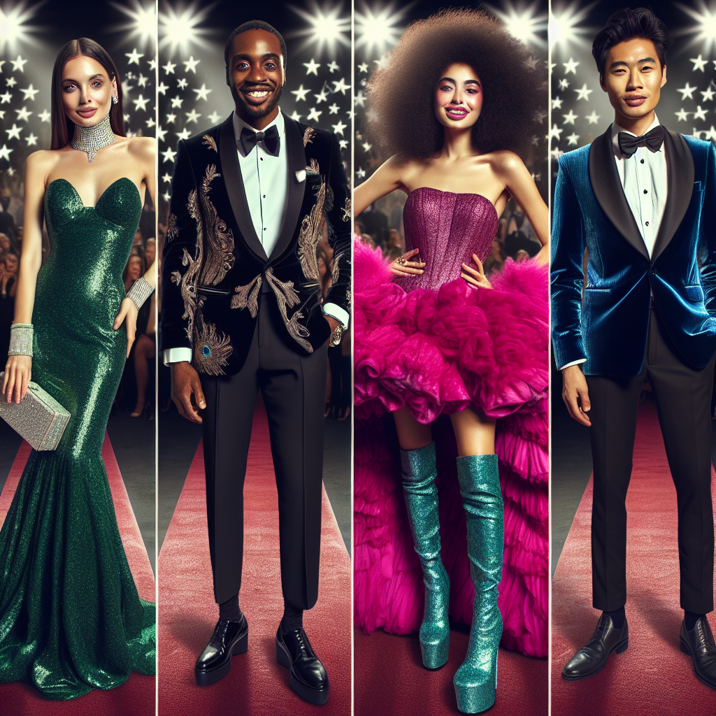 Gala Glamour: Find Your Perfect Outfit! Picture a glamorous red carpet event where people are dressed to impress. Four different individuals showcasing their own unique styles are in focus. A Caucasian woman in a radiant emerald gown with diamond encrusted accessories. She is paired with an elegant, silver satin clutch and stilettos. A Black man oozing confidence in a sleek, black couture tuxedo embellished with gold accents. An Hispanic woman exuding vibrant energy in a puffy, flamboyant fuchsia dress and a pair of glittery platform heels. Last but not least, an Asian man looking dapper in a cool, expressionistic peacock-blue velvet suit. Their fashion choices and happy smiles are shining under the bright spotlights.