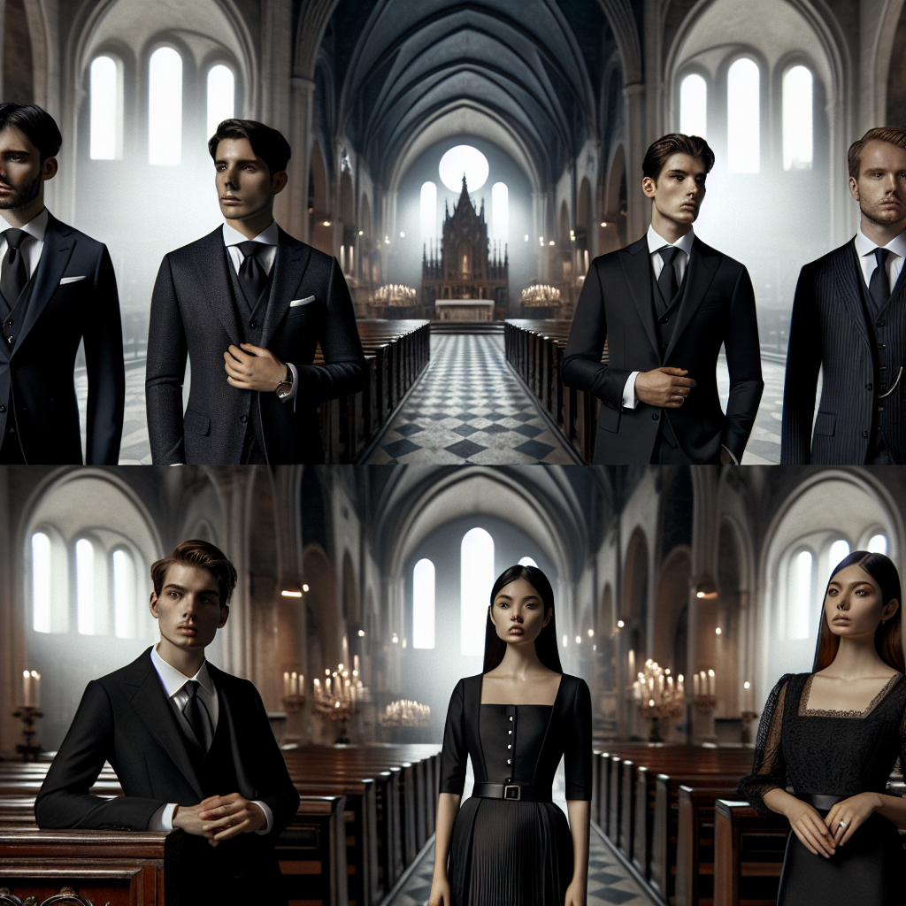 A visual presentation of various elegant funeral outfits suitable for Catholic ceremonies. The scene should consist of four different people in mourning attire. Two are males, one Hispanic and the other Caucasian, dressed in respectful, understated dark suits with white shirts and dark ties. The other two are females, one Black and the other South Asian, in tasteful black dresses enhanced by subtle jewelry. The setting is a picturesque, old Catholic cathedral with imposing arches, lit by diffused light from stained glass windows. All individuals are showcasing an air of stoic respect combined with effortless elegance.