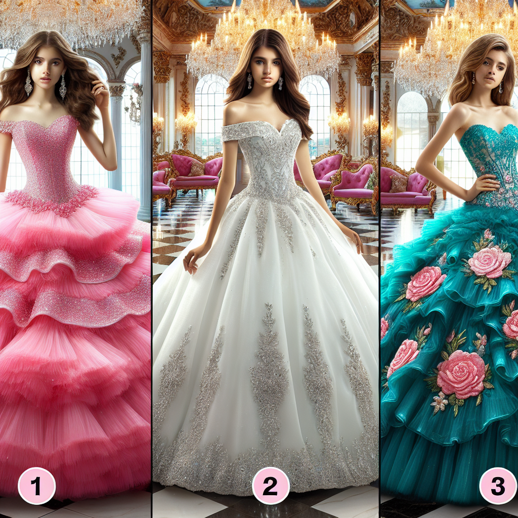 Create a dazzling image showcasing three stunning quincea&ntilde;era dresses! First, imagine a dress cascading in bright layers of pink chiffon, adorned with glittering, hand-sewn sequins, ideal for a Hispanic teenager. Second, visualize an elegant, off-shoulder white satin dress accentuated with silver, intricate beading, on a Middle-Eastern girl. Finally, illustrate a beautifully layered teal organza dress with floral appliques suiting a Caucasian young lady. All three girls should be confidently showing their dresses in a well-lit, finely decorated ballroom with gorgeous chandeliers and marble floor.