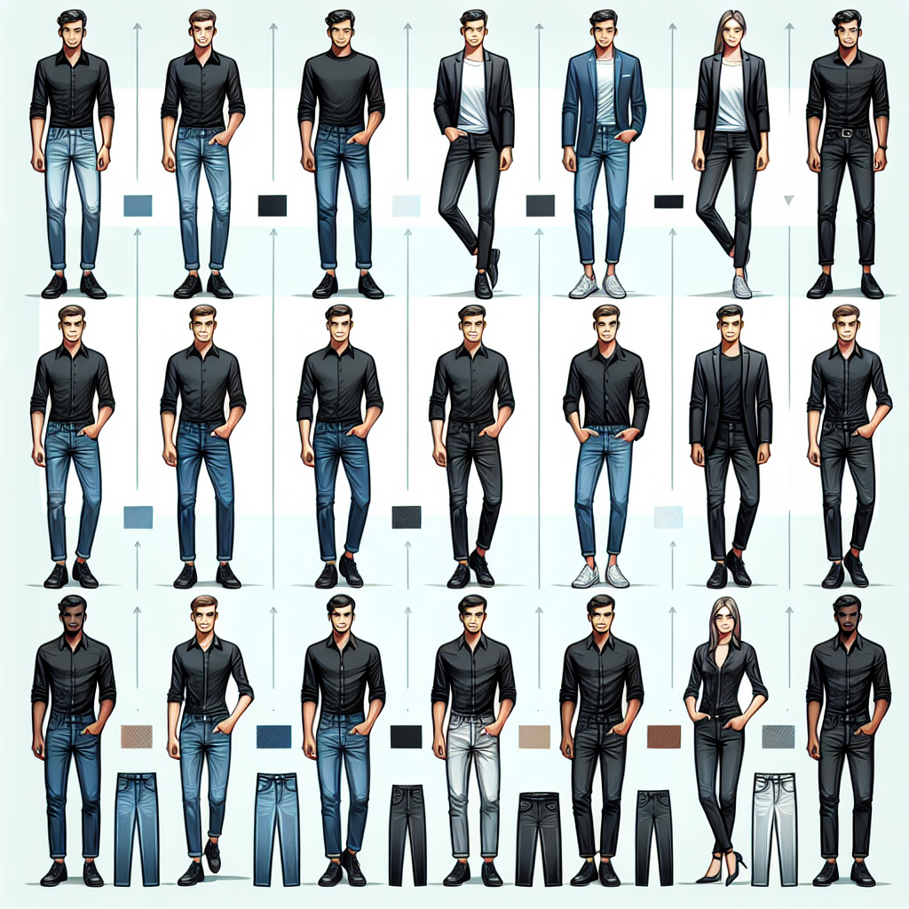 Visual guide for an article that shows the best jeans styles that pair well with black shirts. Include various cuts of jeans such as skinny, boot-cut, and wide-leg styles. Depict these jeans in different popular colors like blue, black, and grey. Also include illustrations of black shirts, both with traditional cuts and modern silhouettes, paired with these jeans. In the scene, there should be several individuals of various descents such as Caucasian, Hispanic and Middle-Eastern, each showcasing a different jeans and black shirt combination.