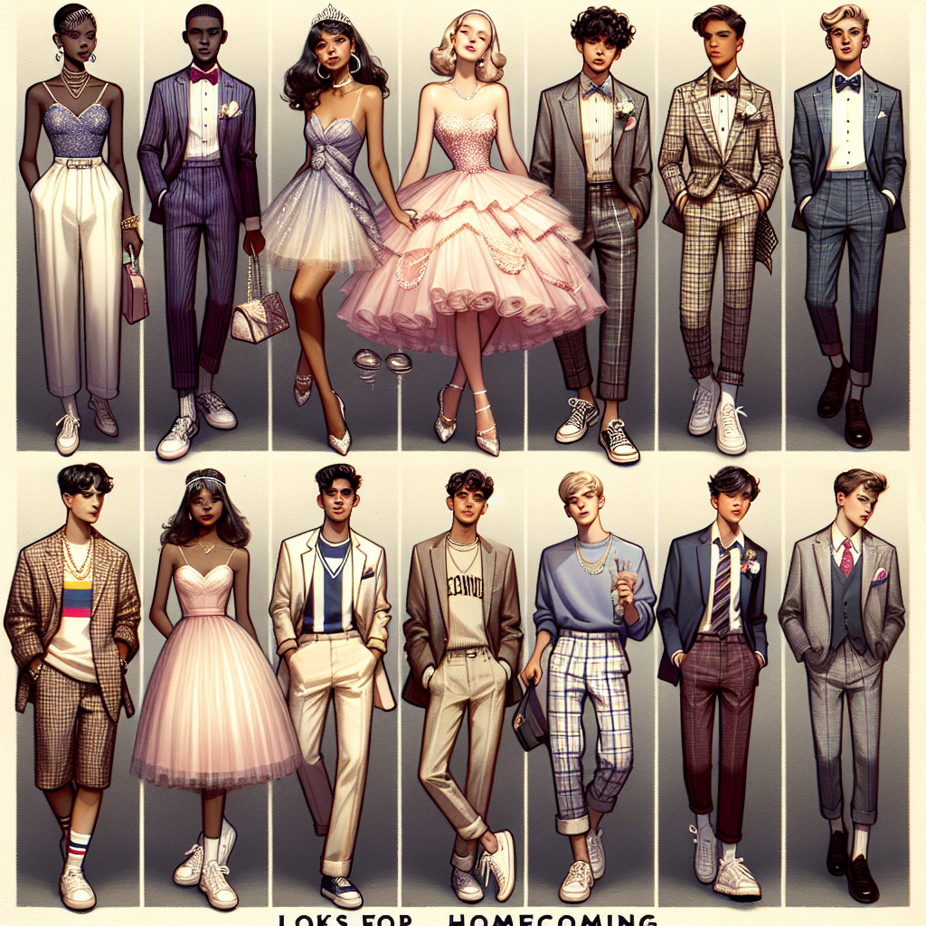 Imaginary scene for a fashion-themed article; an array of 'Must-Have Looks for Replica Luxury Handbagcoming'. Depicting a collage of wearable outfits for university freshmen year, including evening wear, streetwear, and preppy looks. Envision five students of varying descents - Black, Hispanic, Middle-Eastern, South Asian, and Caucasian. Vary the genders; imagine three female students and two male students. Female students are donned in glam dresses, trendy street style ensembles and a shabby chic attire. Male students flaunting a tailored suit, hip urban outfit. Add accents of school colors to represent homecoming spirit.