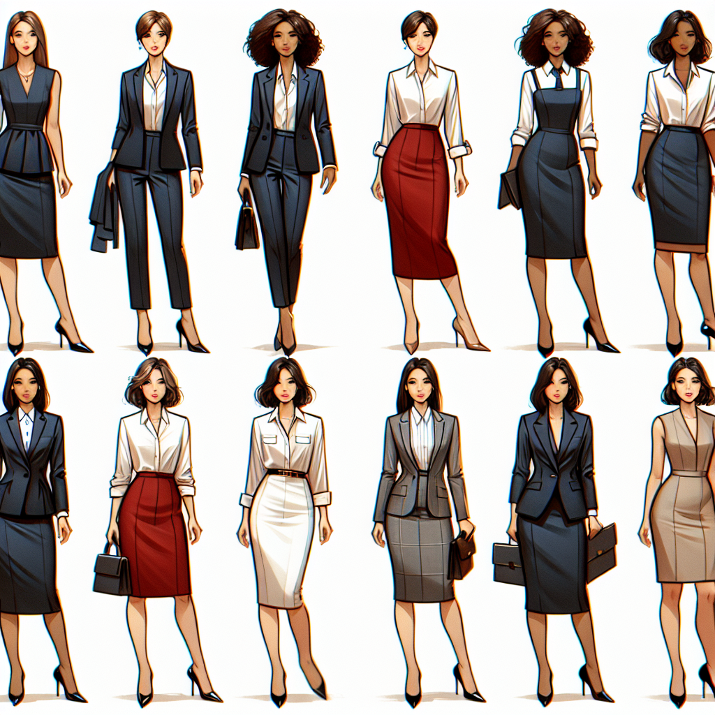 A variety of professional and stylish outfits for women to wear for different deposition proceedings. Illustration one: a Caucasian woman wearing a sharp navy-blue suit, white button-down shirt, and polished black high heels. Illustration two: a Black woman donning a red pencil skirt with a cream silk blouse and brown stilettos. Illustration three: a Hispanic woman in a grey blazer-dress paired with pointed nude flats. Lastly, a South Asian woman in a black dress with a modest high-neck and flats. All outfits are sophisticated, tailored, and confident.