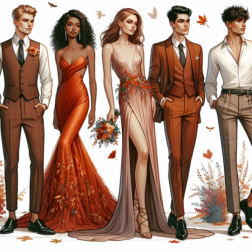Create an illustration of a breathtaking fall wedding attire scenario. Depict four individuals of diverse descents such as Caucasian, Hispanic, Black, and Middle-Eastern. Have them all show off their unique and elegant wedding guest outfits inspired by fall colors. One can be in a fancy shirt, waistcoat, and fitted trousers combination while another dramatically wears a full-length gown in rich autumn shades. The other two can be wearing an elegant jumpsuit and a sophisticated cocktail dress respectively, both reflecting the fall palette. Decorate the scene with falling leaves and the soft glow of the autumn atmosphere.