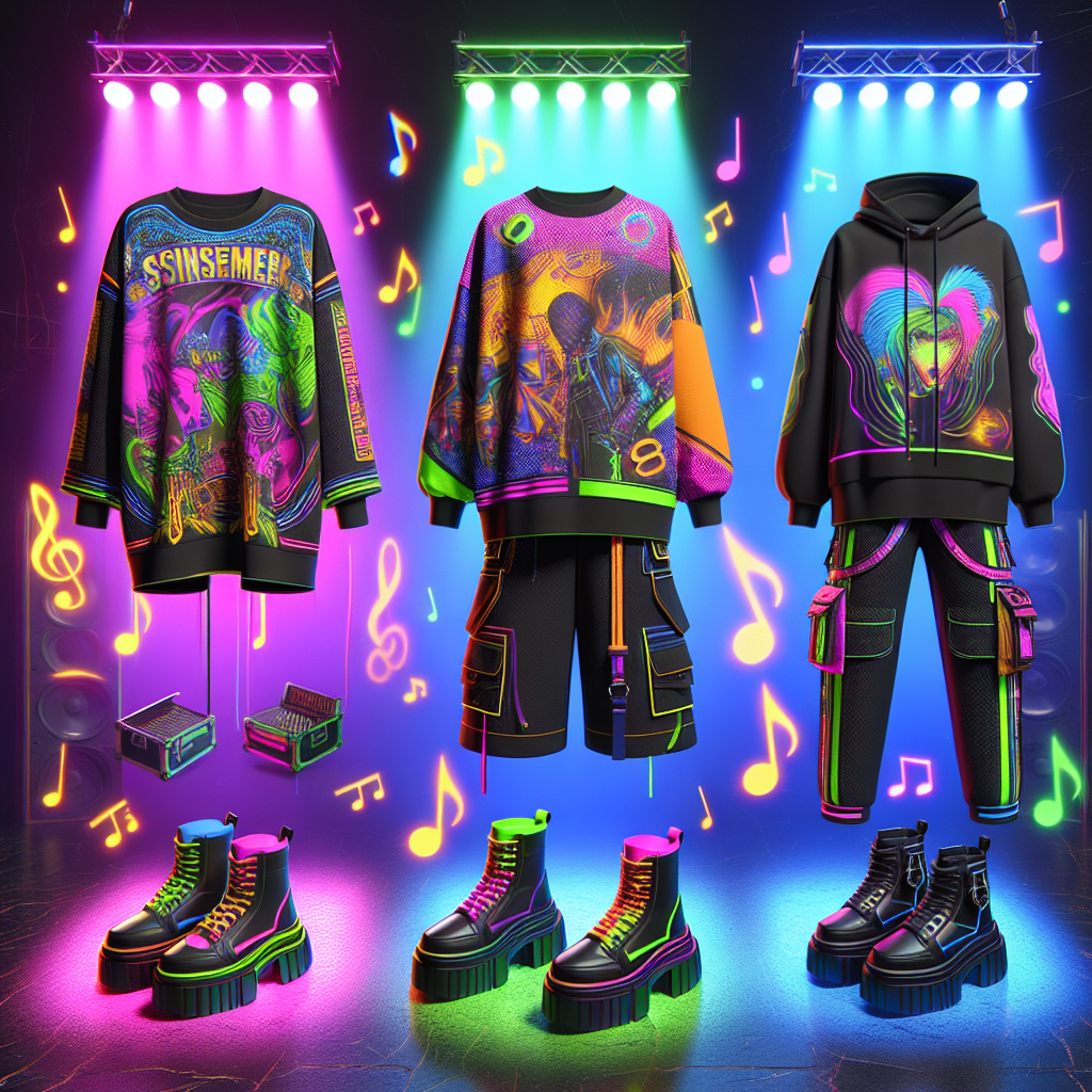 Create a vibrant image of must-have concert outfits inspired by an abstract pop culture icon known for her eclectic fashion sense. The image should include three outfits: a graphic-print oversize t-shirt with matching biker shorts; a neon-colored tracksuit with chunky sneakers; and a black oversized hoodie paired with cargo pants and platform boots. All three outfits should be arranged against a backdrop of flashy stage lights and music symbols, capturing the energetic and unique vibe of a pop concert.