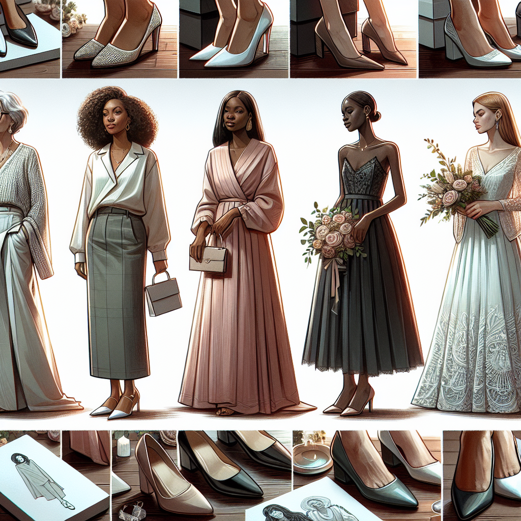 Create an image showcasing a collection of various styles of shoes that are best suited to wear with long dresses at wakes. The footwear selection should range from formal heels to subtle ballet flats. Add emphasis on the shoes' elegance and comfort. The long dresses depicted should exhibit a somber and respectful color palette, often seen in wakes. Sprinkle the scene with details indicating the purpose - a gently held tissue, a sympathy bouquet, or a tranquil candle in the background.  The models wearing the dresses and shoes can include a middle-aged Hispanic woman, a young Black woman, and a mature Caucasian man in drag.