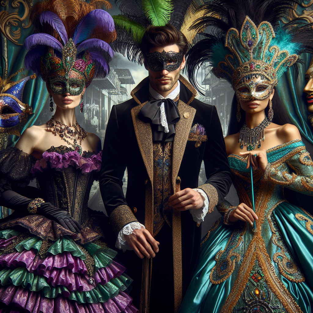 An ensemble of three individuals, each donned in magnificent Mardi Gras ball outfits, on a decorative background related to New Orleans' festive ambiance. The first individual, a Caucasian woman, boasts a vibrant, frilly gown of purples and greens, featuring elaborate headgear resembling mask aplenty with feathers. Second, a Hispanic man, lurks impressively in a polished, gold-rimmed black suit with a sweeping cape embossed with decorative beads; his mask, a vivid splash of Mardi Gras colors. Lastly, a South Asian woman shimmers in an elegant turquoise sari, glittering with golden accents and paired with an intricate mask filled with detailed filigree and beadwork.