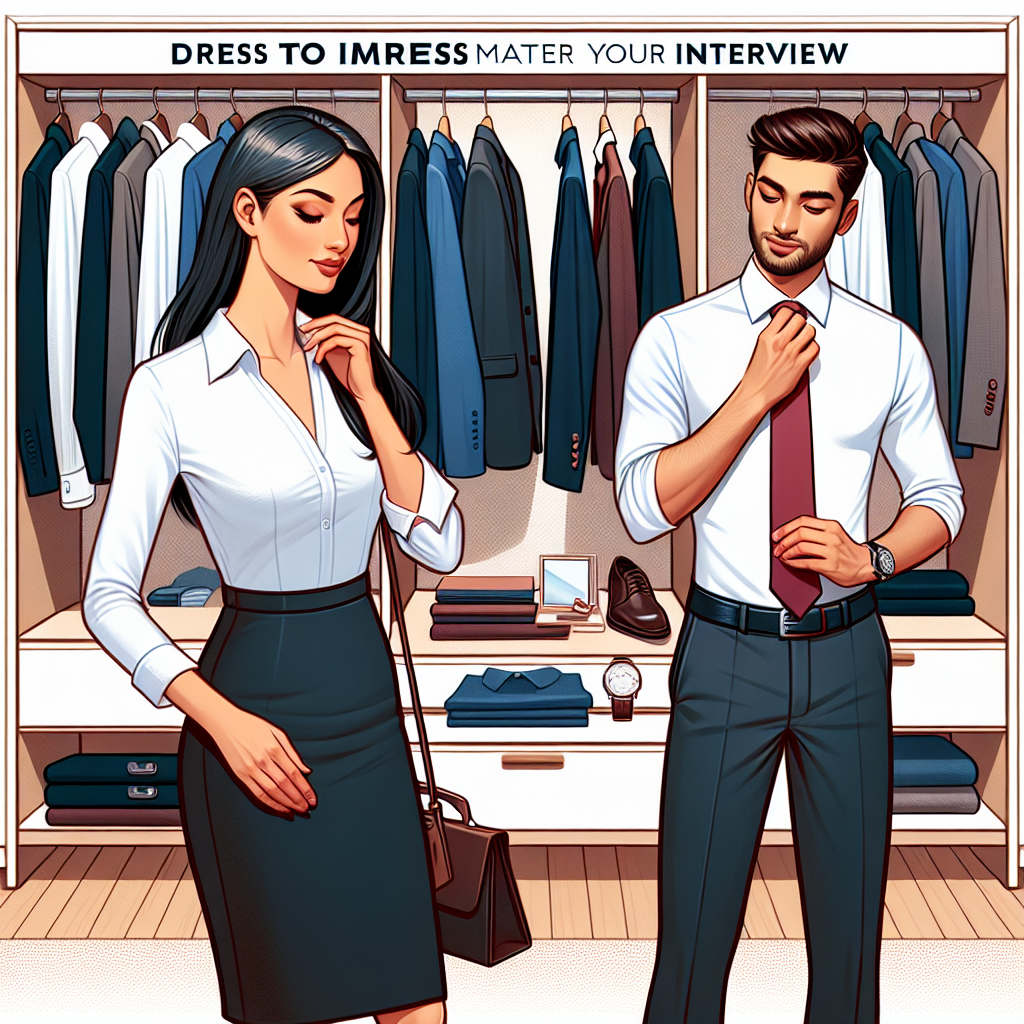 Dress to Impress: Master Your Interview Look! An illustration of an individual preparing to attend a job interview. The person, a white female, is selecting an outfit from an organized, fashionable wardrobe. Next to her, there are already selected pieces like a crisp white shirt, blue blazer, and black pencil skirt, all quality fabrics. In another part of the room, an elegant South Asian male is tying a tasteful silk tie around his neck, poised in front of a mirror. Both of them are perceived as confident, comfortable, and professional. This image will aid in projecting the 'Dress to Impress: Master Your Interview' article's central message.