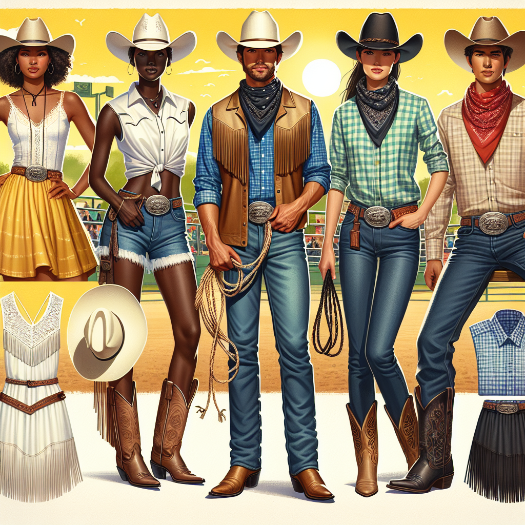 An image illustrating a variety of summer rodeo outfits. Represented are a Black woman wearing a classic white Stetson cowboy hat paired with a fringed suede vest over a bright summer dress; a Hispanic man wearing a checkered shirt, worn blue jeans, and a brown Stetson cowboy hat, holding onto a rope; a Caucasian woman in a plaid shirt, a denim skirt, and cowboy boots, sporting a bandana worn around her neck; and a Middle-Eastern man with a bolo tie, crisp white shirt, dark denim jeans, and polished black cowboy boots. The background is a sunny, vibrant rodeo ground.