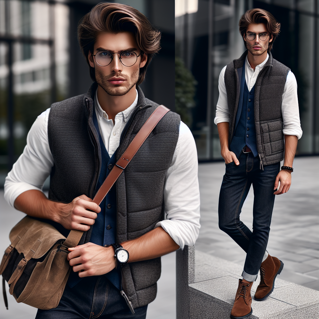 What to Wear with a Gilet: Effortless Mens Fashion Tips Create an image of a fashionable scene with a Caucasian man wearing a stylish gilet. He pairs it with a crisp white shirt, dark blue jeans and brown leather boots. The man has medium-length, slicked back brunette hair, and wears wire-frame glasses, enhancing his sophisticated look. He's carrying a suede messenger bag over his shoulder and also sporting a stylish wristwatch to complete the look. The background scene is in a chic urban setting with contemporary architecture.