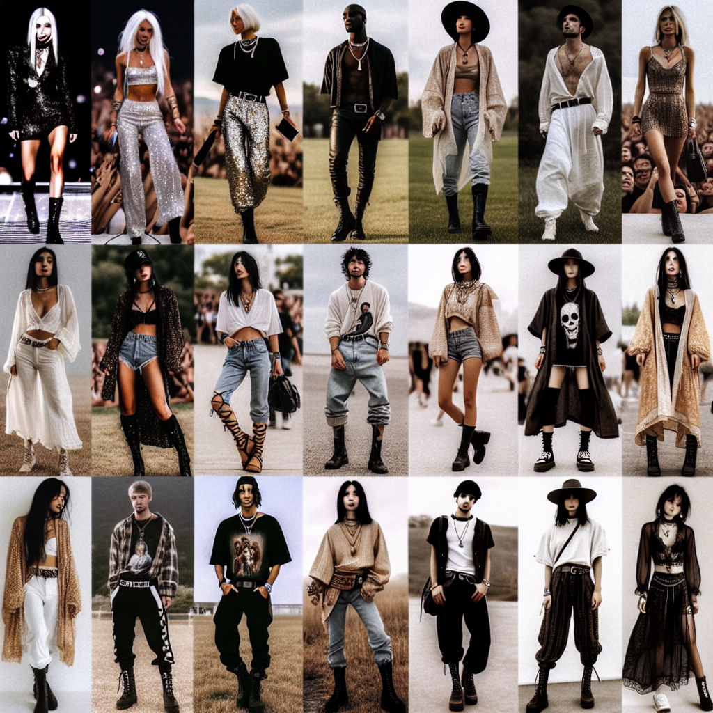 Imagine a collage showcasing an array of stunning concert outfits. The first outfit features a White woman wearing a glam-rock ensemble, with sequined pants, a loose black blouse, and ankle boots. The second outfit showcases a Black man in a stylish hip-hop attire, sporting baggy jeans, a graphic tees, a baseball cap, and sneakers. The third outfit presents an East Asian woman in a chic festival outfit, characterized by a boho maxi dress, lace-up gladiator sandals, and chunky jewelry. The remaining outfits display a Middle-Eastern man in an alternative rock apparel, a Hispanic woman in a pop culture attire, and a South Asian man in an EDM-inspired attire, all expressing their own individual concert styles.