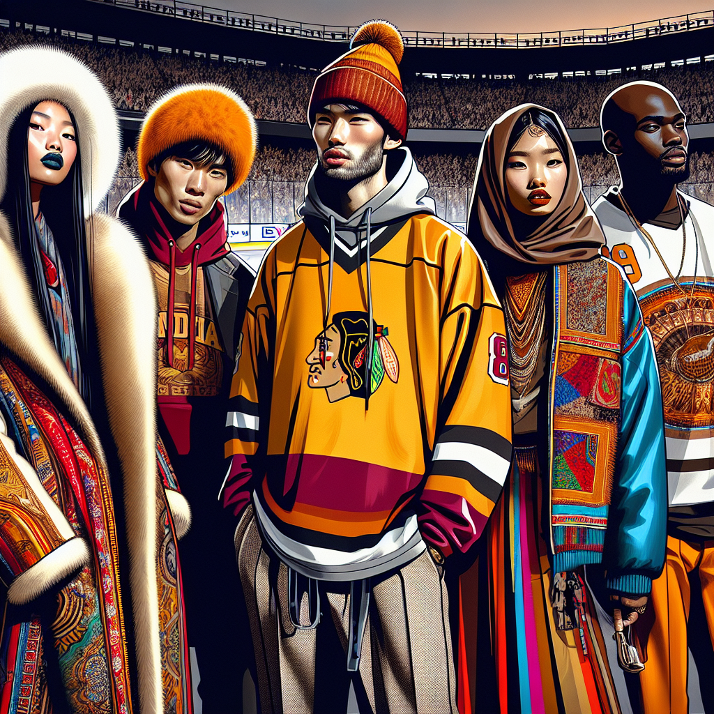 Stunning Hockey Game Outfits: Discover Your Style! Visualize a scene at a hockey game with fashionable spectators displaying their stunning style. An Asian woman in a warm, fur-lined parka colored like a sunset, a South Asian man boasting a jersey with the home team's logo and a trendy beanie, a Middle-Eastern woman wearing a sweatshirt with striking colorful patterns and a stylish woolen scarf, and a Black man in a sharp sleek suit with the team's colors tastefully incorporated. Their varied outfits reflect their passions and personalities, showcasing an amazing array of styles at a hockey game.