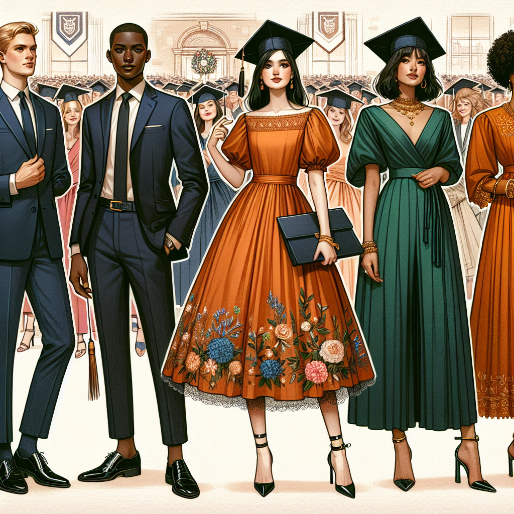 Create a rich scene of college graduation attendees adorned in various elegant and stylish outfits. To the left, envision a middle-aged Caucasian man in a sophisticated navy blue suit, matching tie and glossy black shoes. In the middle, illustrate a young South Asian woman wearing a warm orange A-line midi dress with floral embroidery, boat-neck, and kitten heels. To the right, feature a middle-aged Black woman in a sophisticated emerald green jumpsuit paired with gold statement jewelry. Background should include the festive atmosphere of a graduation ceremony with banners, balloons and proud families.