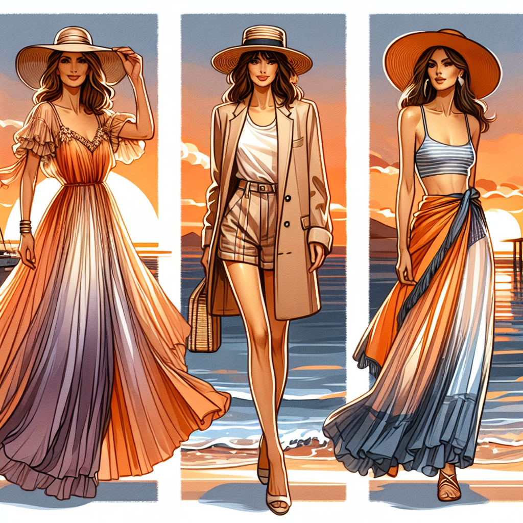 Sunset Cruise Style Guide: Must-Have Tips for Women An extravagant clothing guide for a sunset cruise for women. In the foreground, a middle-aged Caucasian woman elegantly dressed in a floaty, chiffon maxi dress in warm tones, like orange and purple, to mimic the sunset. In the mid-ground, an East Asian woman, in her late twenties, wearing a straw hat, lightweight blazer, and shorts ensemble in neutrals. Finally, in the background, a woman in her thirties, of Hispanic descent, showing off a stylish sun-proof bathing suit paired with a bright sarong, a must-have for sunset cruises. The light sea breeze is visible in each woman's attire.
