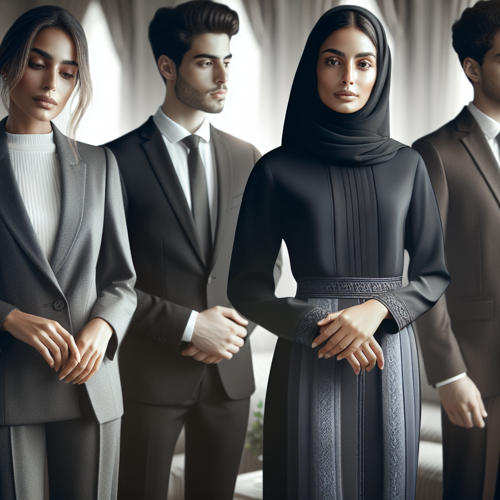 Create an image that depicts a variety of respectful and stylish outfits suitable for a memorial service. Show a woman of Hispanic descent in a dark grey elegant pantsuit, a man of South Asian descent in a formal black suit with a crisp, white shirt, a Middle-Eastern woman in a modest navy blue dress, and a Caucasian man in a dark brown suit. Place them all in a calm setting with soft lighting. Please ensure all outfits convey a sense of respect and solemnity, the tone should be of reverence and grace.