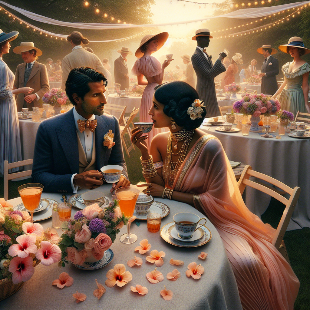 An inviting scene of a garden party laid out in vivid detail. Fine tables draped in pastel linen, adorned with centerpieces of fresh flowers. Floating near the rim of delicate china tea-cups are hibiscus petals. A south Asian woman, gracefully draped in an elegant peach-colored sari, sparkling with gold accents and a Middle Eastern man in a sharp navy blue linen suit, are engaged in convivial conversation. In the background, Black and Caucasian guests sporting summer wedding attires - pastel colored flouncy dresses, seersucker suits, ruffles, bow ties and straw Panama hats. There is the soft glow of fairy lights entwined among the leaves of nearby trees as day fades into evening.