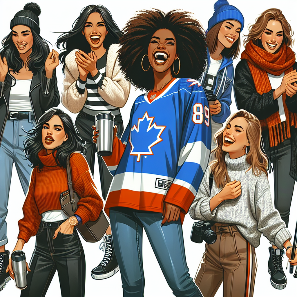 A dynamic, high-quality image illustrating key fashion styles for women attending a hockey game. Include elements such as comfy, casual yet stylish clothes like jeans, warm sweaters, and boots. Also incorporate team-themed apparel like scarves, hats, and jerseys with common hockey team colors and motifs. Show a diverse set of women, including a black woman laughing with a hockey jersey draped over her, a caucasian woman clapping and wearing a team-themed scarf and hat, and a middle eastern woman with a travel mug in her hand wearing a comfortable sweater and boots.