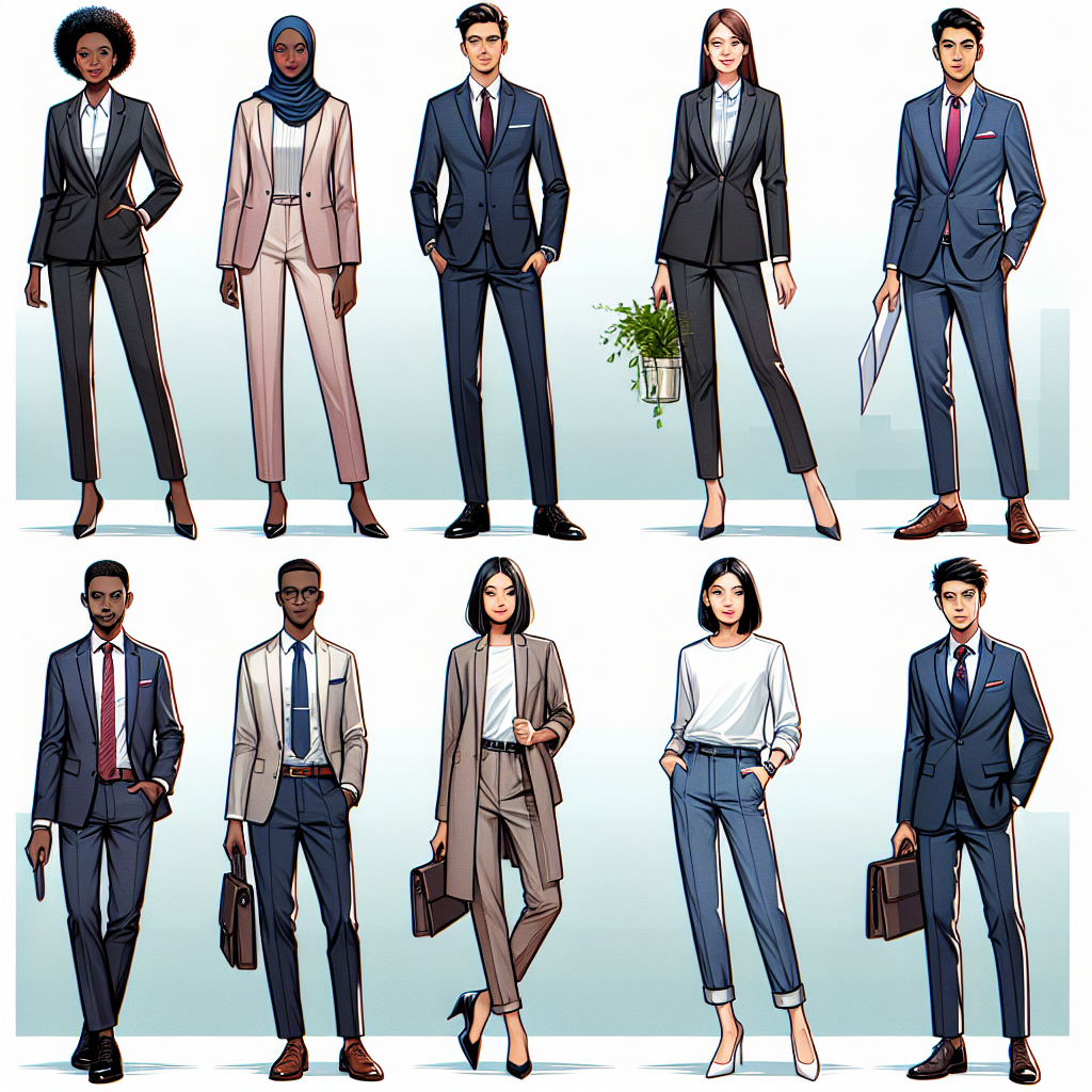 Must-Have Styles for Your Next Professional Interview Illustrate a diverse array of professional attire styles ideal for job interviews. Showcase a black female in a tailored suit, a Caucasian male in smart business casual outfit, a Middle-Eastern female in a modest yet fashionable corporate attire, and a South Asian male in a sophisticated business look. Try to strike a balance between formality and stylishness for these clothing pieces and ensure they complement each individual's complexion and build. Use a formal office setting as the background.