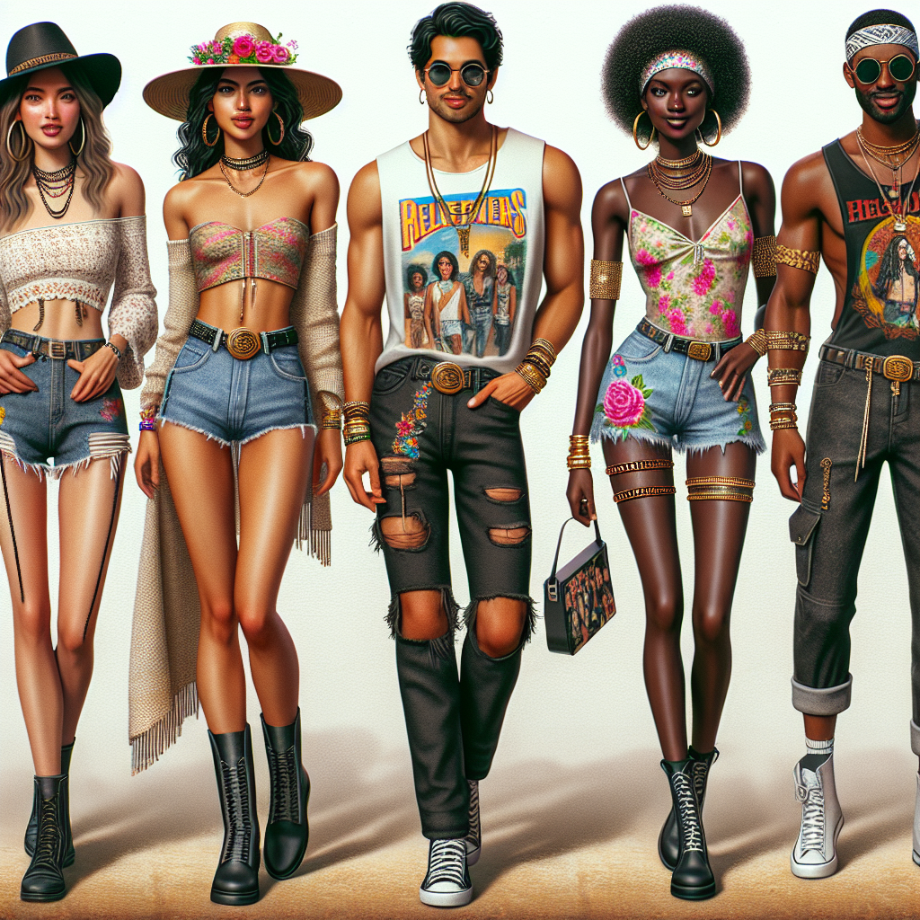 Generate an image showcasing an assortment of stunning summer concert outfits. Picture a fashionable crowd of individuals in a festival setting. Let's see a tall, Hispanic woman in a bohemian-chic cropped top and denim shorts, a petite, Caucasian man in vintage-inspired band tee and ripped black jeans, an athletic Black woman in a vibrant jumpsuit with statement accessories, and a Middle-Eastern man with a muscular build in a cool graphic tank and cargo shorts. Each person should be radiating joy and embodying the colorful, energetic spirit of summer concerts.