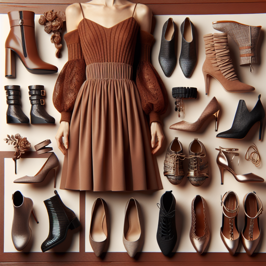 Must-Have Shoes for Brown Dress: Effortless Style Create an image showcasing a variety of stylish shoes, perfect for pairing with a brown dress. Display different types of shoes, such as heels, flats, and boots, arranged in a visually appealing manner. These shoes should have different textures, colors, and designs which complement a brown dress. Highlight shoes in various shades of metallics, black, cream, and even bold pops of color to show the range of options available. Have the brown dress as a background to provide a reference. Make sure the image feels effortless, chic, and very fashionable, reflecting the essence of Napa Valley vineyard style.