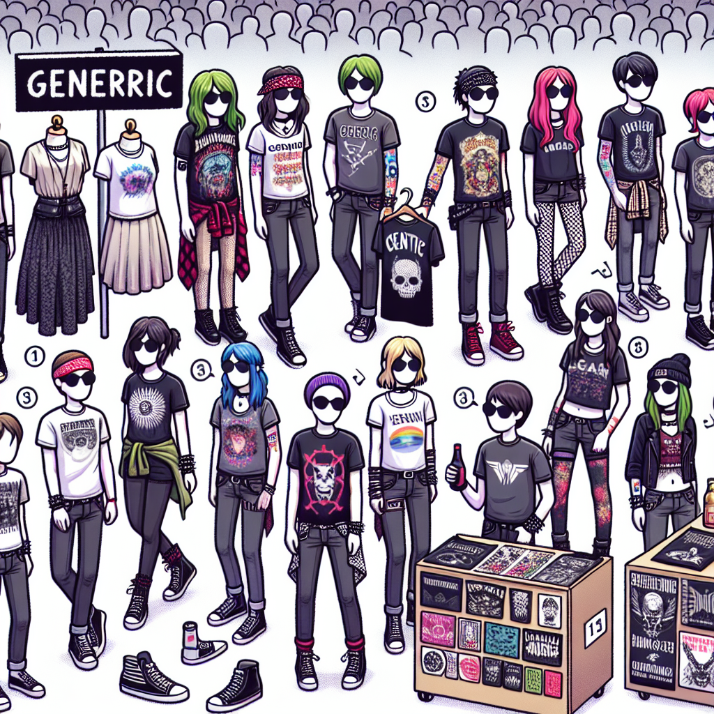 Must-Have Guide: What to Wear to a Linkin Park Concert Imagine a scene at a generic rock concert. Picture an enthusiastic crowd wearing a variety of casual clothing appropriate for a music event: graphic t-shirts featuring generic creative designs, dark denim jeans, comfortable sneakers, and various accessories such as caps, wristbands, and sunglasses. Some individuals may have piercings, tattoos, and colorful hair as forms of self-expression. Add a whimsical touch by illustrating a vendor selling band merchandise, such as posters and badges. Don't show the band, and maintain a focus on the audience and the atmosphere.