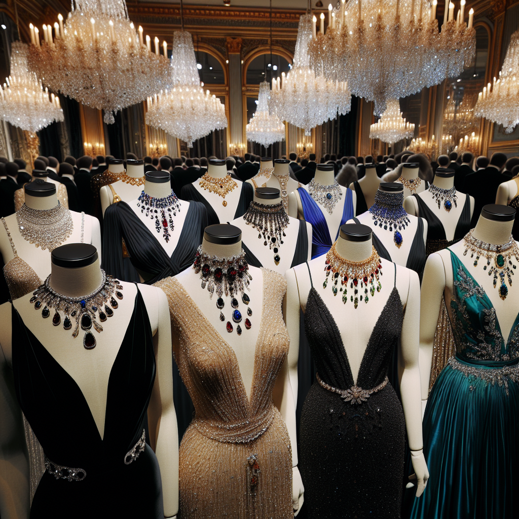 Stunning Necklaces for Deep V-Necks at Black Tie Events Imagine a formal black tie event. Picture an array of stunning necklaces designed specifically for deep V-neck dresses. Each piece of jewelry is intricate, adorned with shimmering gemstones such as rubies, sapphires, and diamonds. These necklaces, gold, and silver, hang elegantly against an array of deep V-neck gowns in a variety of colors, including black, royal blue, and emerald green. The necklaces and dresses are displayed on a variety of mannequins, demonstrating the elegance these pieces bring to a formal event. The background is an opulent big ballroom, chandeliers hang from the ceiling shedding soft light on the ensembles.