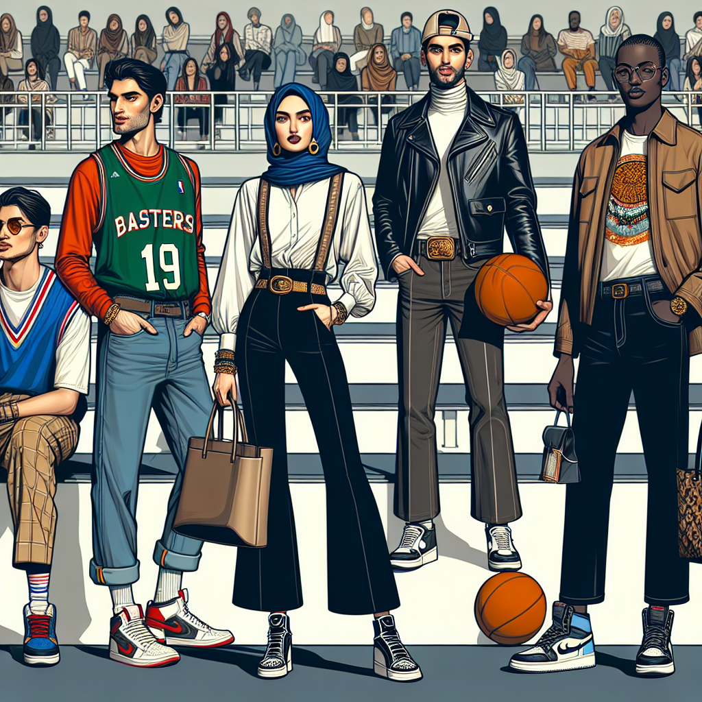 Illustrate a scene at a basketball court where fashion and sports collide. Depict a diverse group of spectators representing various genders and descents. A Caucasian man sports a sporty-casual style with a team jersey, jeans, and high-top sneakers. A Middle-Eastern woman showcases her modern fashion flair with a stylish hijab integrated in her outfit, flared trousers and a chic tote bag. An Asian man shows an urban style with a leather jacket, graphic tee and trendy sneakers. A Black woman exhibits her unique fashion sense with a bold accessory, skinny jeans, and stylish boots. All of them should radiate the spirit of effortless style.