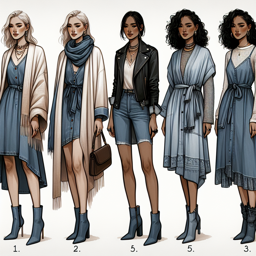 A comprehensive fashion guide showcasing various ways to style a jean dress. The image will feature four different looks. 1. A pale-skinned woman elegantly draping a light cashmere shawl over her shoulders. 2. A South Asian woman sporting a leather jacket slung over her shoulders. 3. A black woman choosing a flowy kimono to wear over her denim attire. 4. A Hispanic man layering a mesh long-sleeve shirt beneath the jean dress. Carefully chosen accessories like statement necklaces, oversized sunglasses, and ankle boots will also be seen adding to the overall aesthetics of each look.