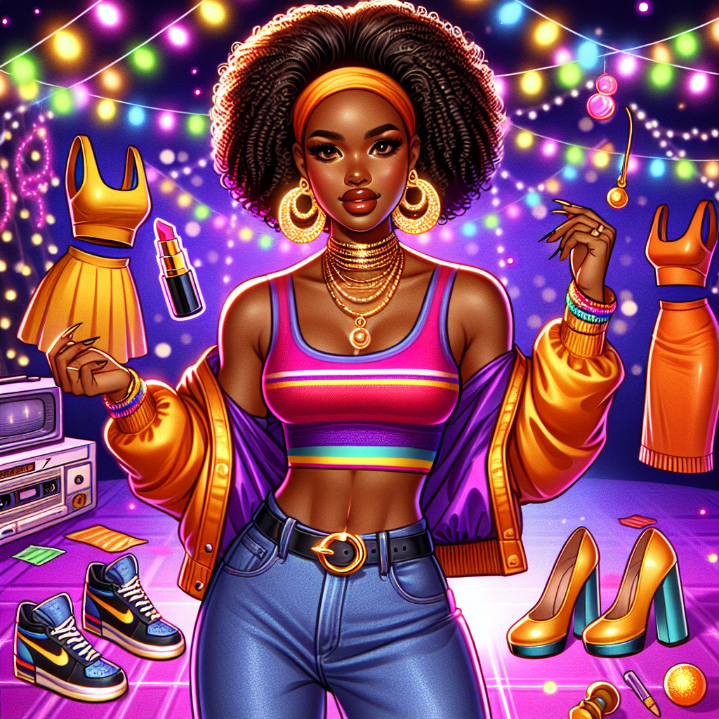 Stunning 90s Party Outfits for Black Women: Find Yours! Depict a stylish African American woman dressed in a trendy, vibrant outfit from the '90s. The outfit should include high-waisted jeans, a cropped top, statement earrings, and chunky shoes. Around her, create a festive environment with neon lights and decorations, indicative of a lively '90s party. Make sure the atmosphere is vibrant, energetic and full of life, showcasing confident expressions on the woman's face, illuminating the excitement and curiosity of her outfit exploration.