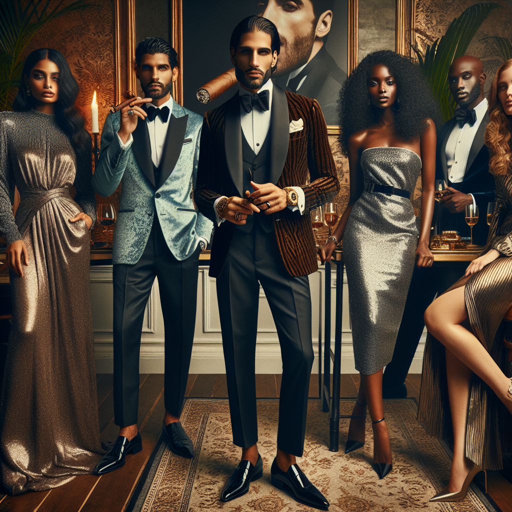 Imagine an elegant setting filled with people from different descents and genders, all dressed in stunning outfits for a cigar bar. The scene includes a Middle-Eastern man in a classic three-piece suit, a gold pocket watch adding a touch of vintage charm. Beside him, a Hispanic woman shines in a glittery, floor-length dress. To their left, a South Asian woman is clad in a chic pantsuit, while a Black man looks dashing in a velvet smoking jacket. On the right, a Caucasian man shows off a sleek black tuxedo, and a White woman in a stylish cocktail dress completes the gathering. Each outfit is impeccably tailored, exuding sophistication and a sense of fashion at its finest.