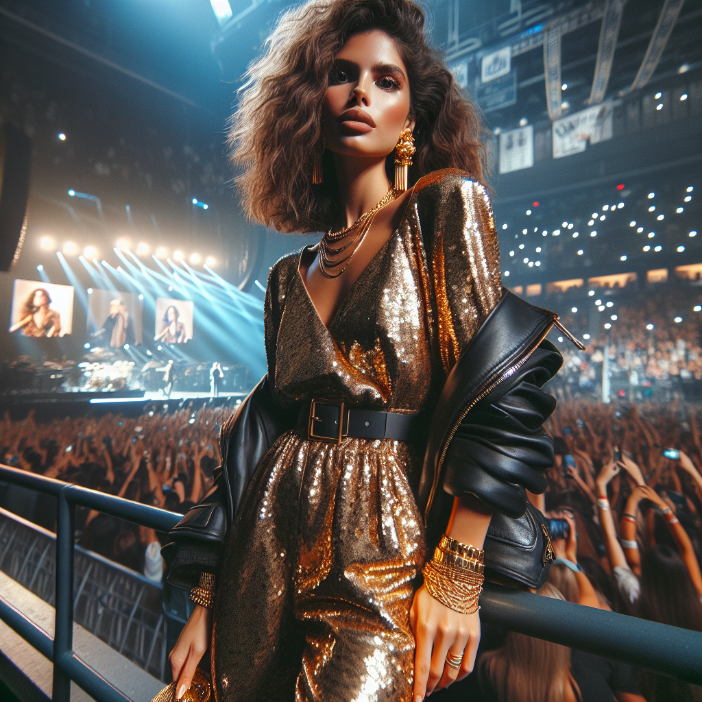 Must-Have Looks for Beyoncé Concerts: Effortless Style A stylish concert goer at a popular singer's concert showcasing cutting-edge fashion. This individual represents the essence of effortless style. They're wearing a golden shimmering jumpsuit with sequins that catch and reflect the bright concert lights like stars. Matching gold ankle boots and chunky gold jewelry complete the ensemble. To keep it casual, they've paired it all with a black leather jacket draped over their shoulders. The lady, of Hispanic descent, has hair styled in soft, voluminous curls. The atmosphere around her is electrifying, filled with the sounds and energy of a dynamic concert setting.