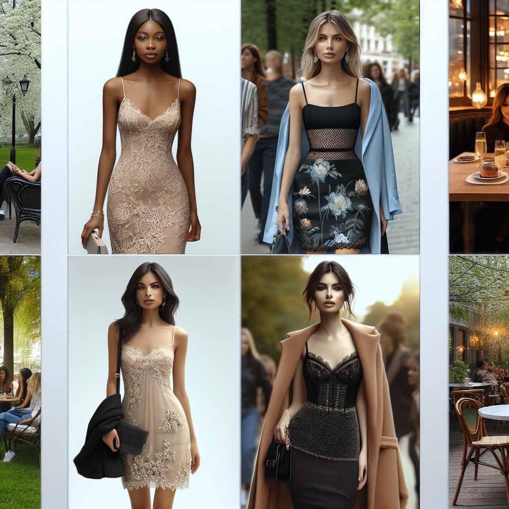 Imagine a compilation of stunning first date outfits. Foremost is an effortless, sleeveless dress of subtle elegance. Capture the dress in a variety of styles, perhaps adorned with delicate lace patterns, floral embellishments, or intricate embroidery. Integrate different locations for showcasing these dresses: serene park, urban caf&eacute;, or a stylish contemporary lounge. In the scene, include diverse women with a mix of descents such as Black, Hispanic, South Asian, Middle-Eastern, and Caucasian. Spread out these representations across the different scenes for an inclusive and fair portrayal.