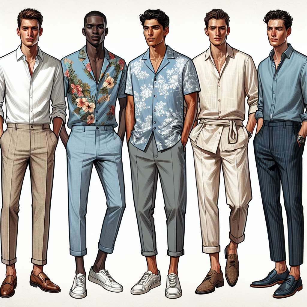 A collection of five stylish wedding guest outfits for men, breaking the traditional suit norm. Start with the figure of a Caucasian man in a crisp white linen shirt paired with chinos and brown loafers. Then depict a Black man in a blue floral print Hawaiian shirt coupled with beige shorts and white sneakers. Next, illustrate a Middle-Eastern man wearing a pastel colored polo shirt, teamed with dark jeans and suede boots. Showcase a South Asian man in a traditional loose white 'Kurta', paired with linen trousers and traditional shoes. Finally, present a Hispanic man in a denim button-down shirt paired with black slacks and leather brogues.