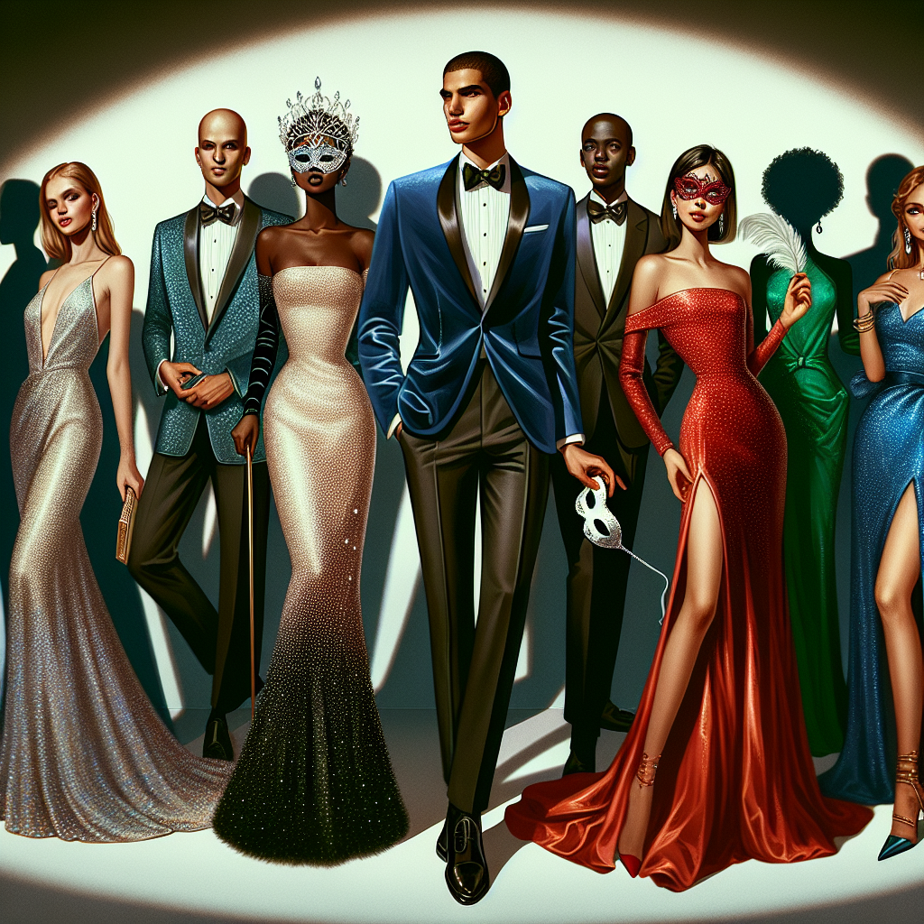 Imagine a diverse range of people attending a glamorous pageant, donned in their most exclusive and stunning outfits that effortlessly captivate attention. Picture a tall Caucasian woman in a long, delicate silk evening dress decorated with small sparkling crystals, a South Asian man in a perfectly tailored velvet blue tuxedo, and a black woman in a vibrant, floor-length red gown with a daring thigh-high split. Balance the scene with a Middle-Eastern man wearing a classic black suit while holding a white masquerade mask, and a Hispanic woman in an off-the-shoulder emerald green dress that shimmers under the spotlight.