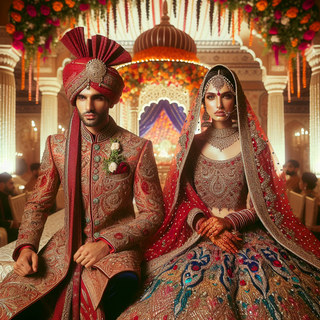 Stunning Outfits for a Hindu Wedding: Effortless Elegance Picture this - A festive scene of a traditional Hindu wedding ceremony, filled with vibrant colors. On the left, a South Asian man in an exquisite Sherwani, intricately embroidered with gold threads and paired with a contrasting red turban. On the right, a South Asian woman is clad in a stunning lehenga, adorned with sophisticated beadwork in a cascade of radiant jewel-tones. They both radiate effortless elegance amidst the backdrop of ornate mandap decorations, creating a visual narrative of cultural beauty and traditional fashion.